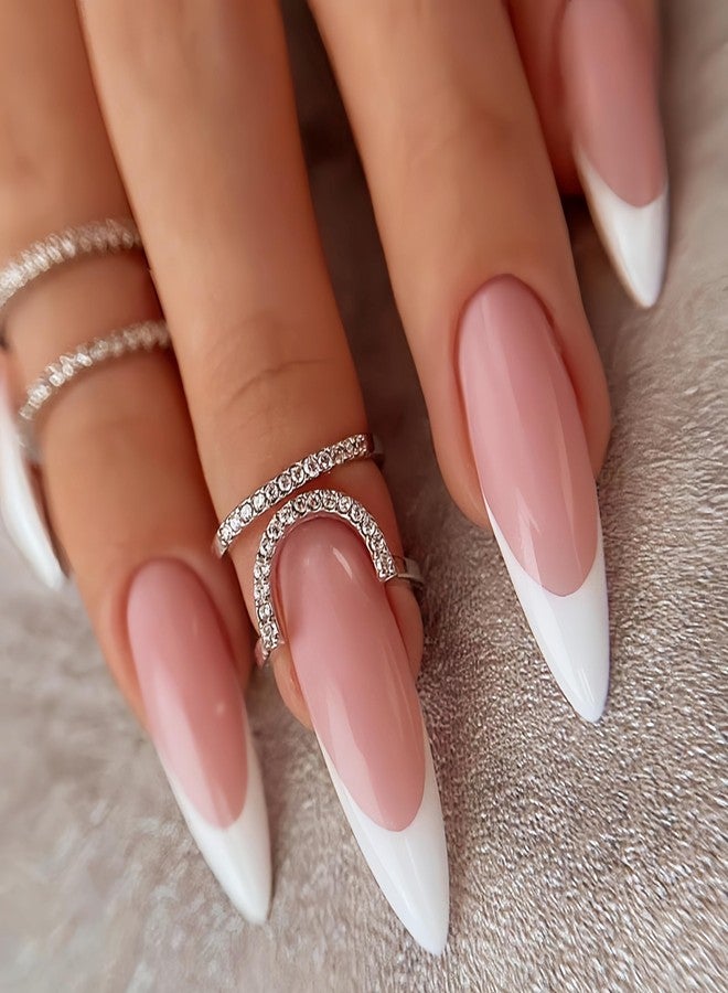 SHUXILIN White French Tip Press on Nails Long Stiletto Fake Nails Nude Pink Nails Press ons Nail Tips Stick on Nails Almond Shape Acrylic False Nails Glossy Full Cover Glue on Nails for Women DIY Manicure - Image 1